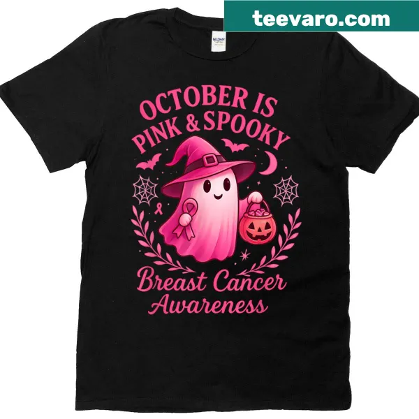 Halloween-themed T-shirt with pink ribbon for breast cancer awareness