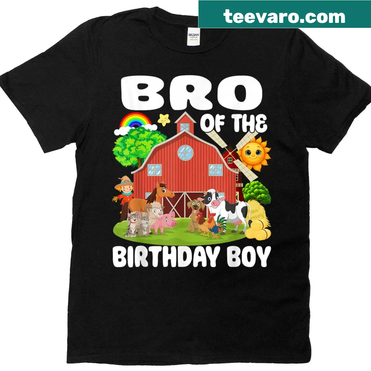 Farm-themed birthday shirt with cartoon animals for the birthday boy's brother — on a men's t-shirt