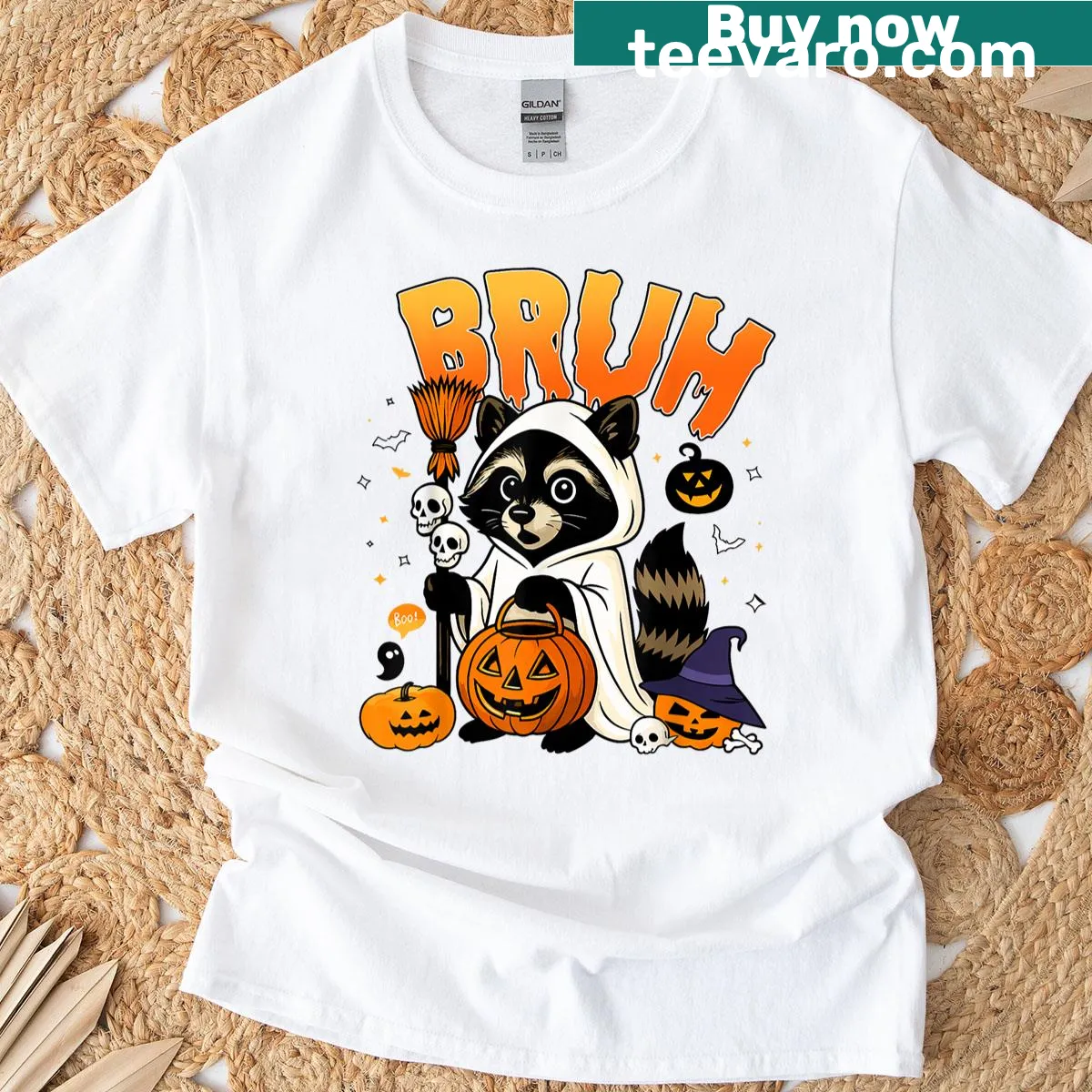 Halloween shirt featuring a raccoon in a ghost costume — on a men's t-shirt