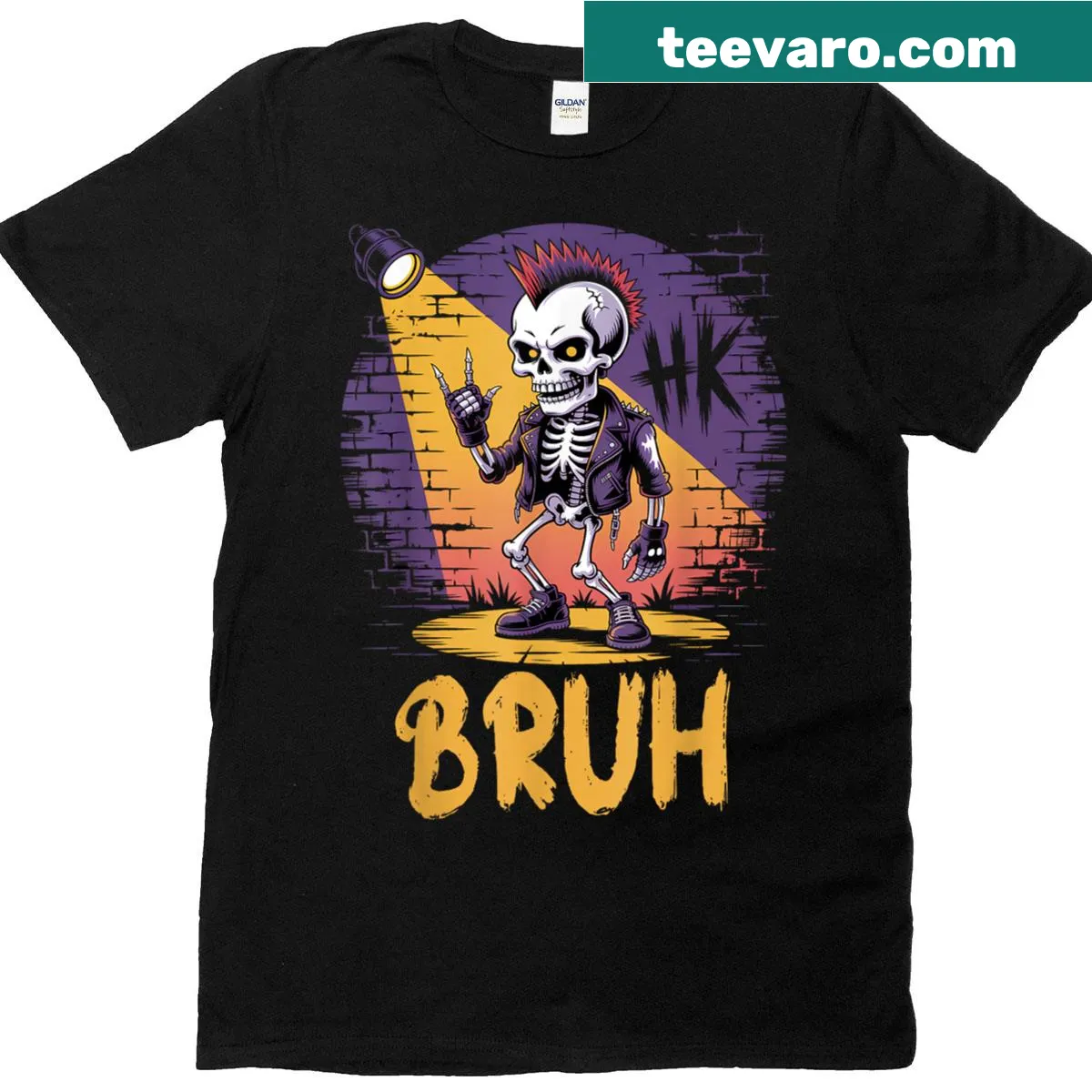 Punk rock skeleton cartoon T-shirt for Halloween — on a men's t-shirt