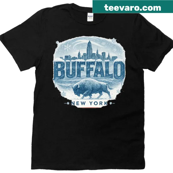 Bison graphic with Buffalo skyline in winter setting on a T-shirt