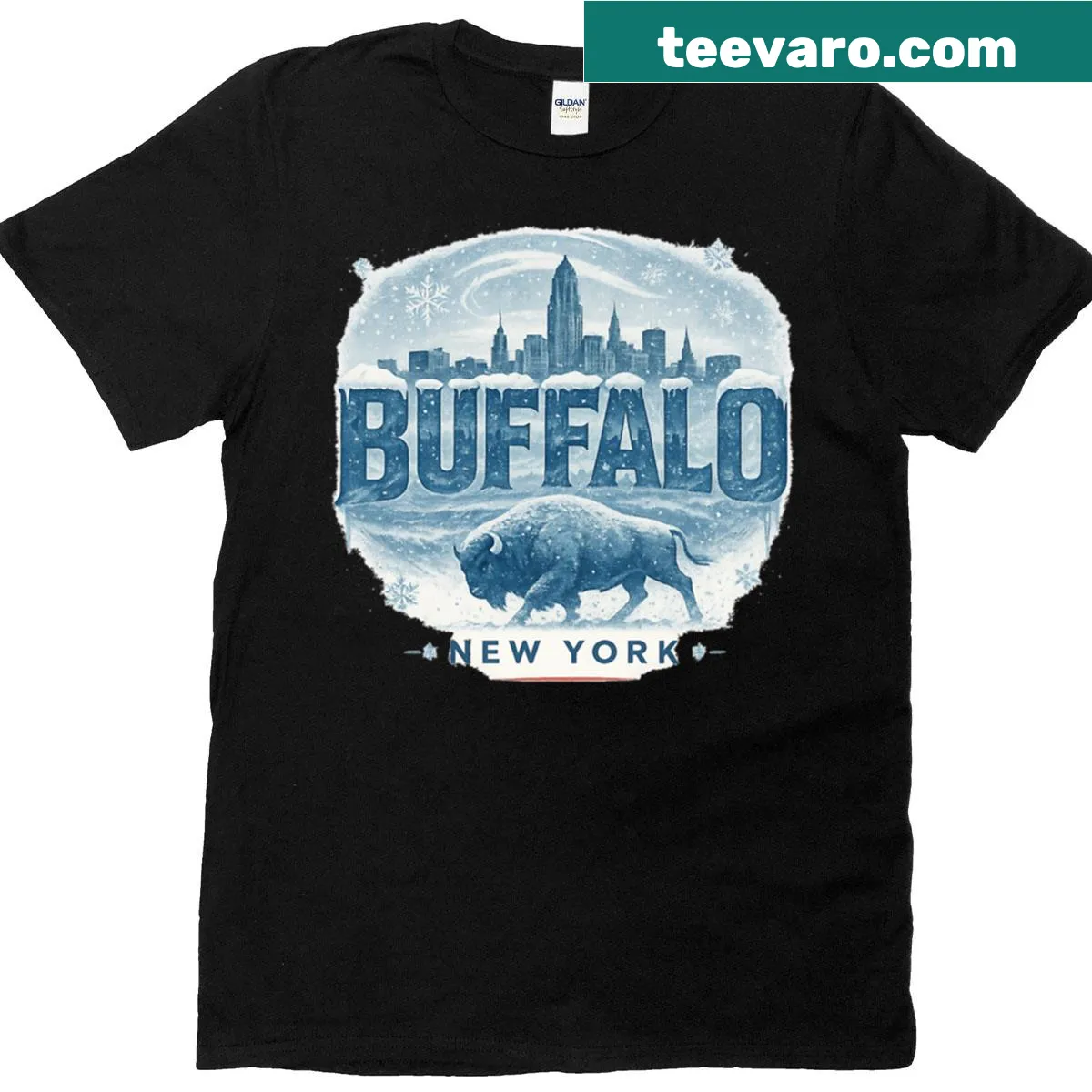 Bison graphic with Buffalo skyline in winter setting on a T-shirt — on a men's t-shirt