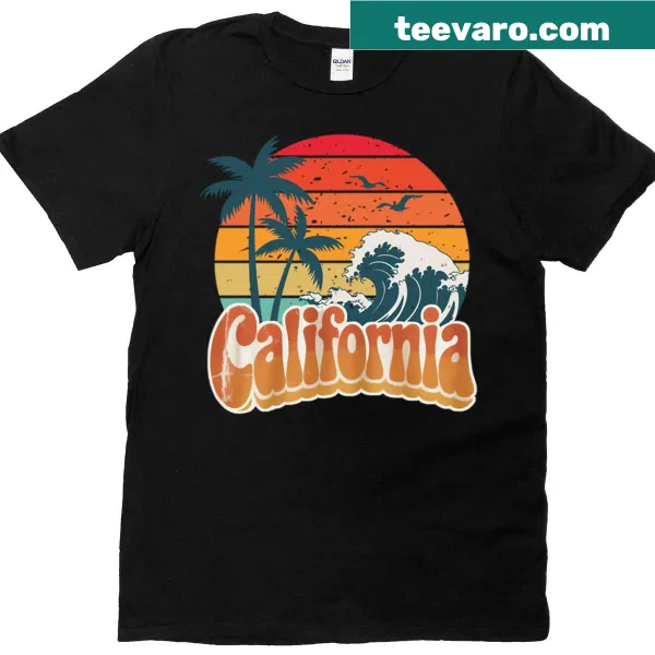 Retro beach t-shirt with palm trees and a sunset design.