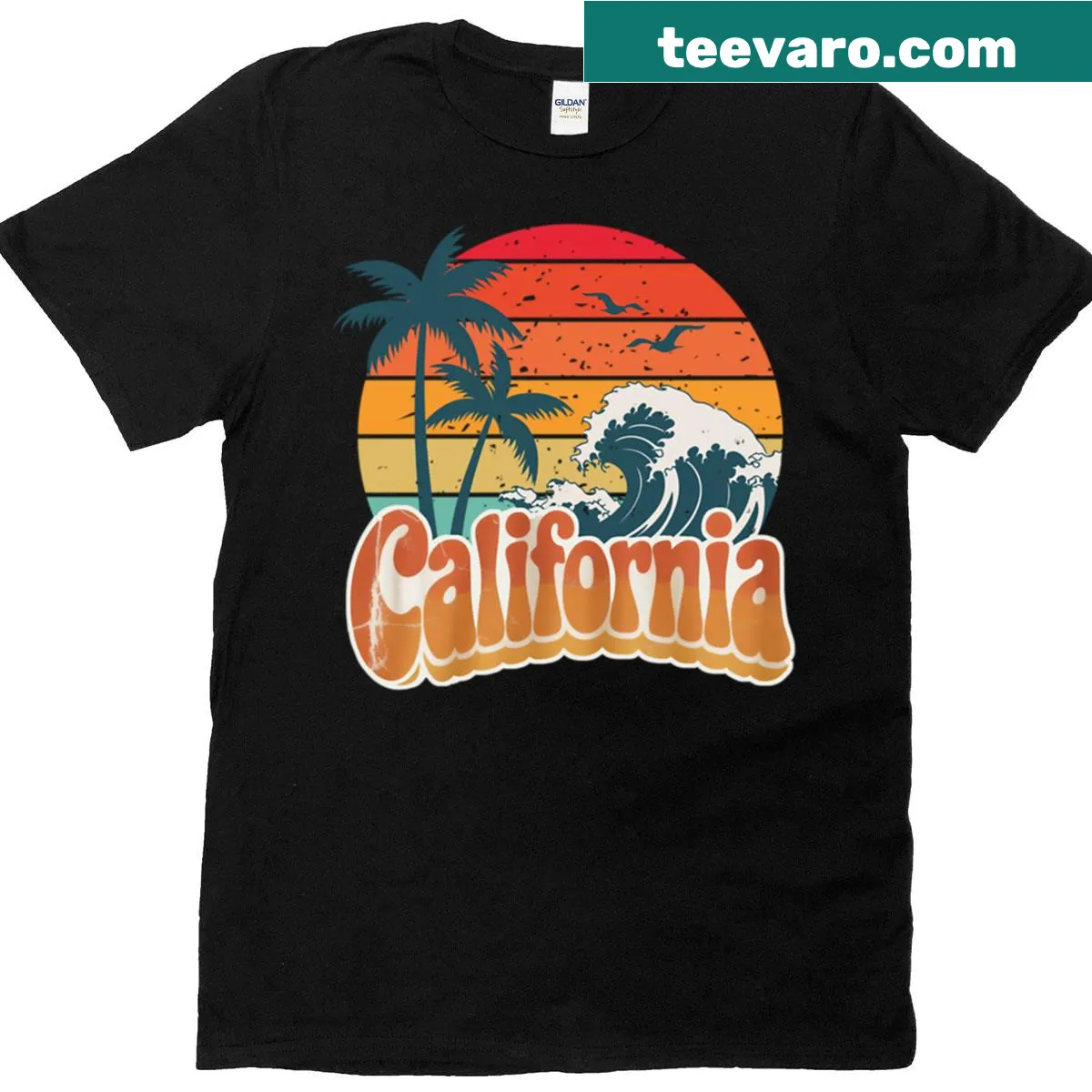 Retro beach t-shirt with palm trees and a sunset design. — on a men's t-shirt