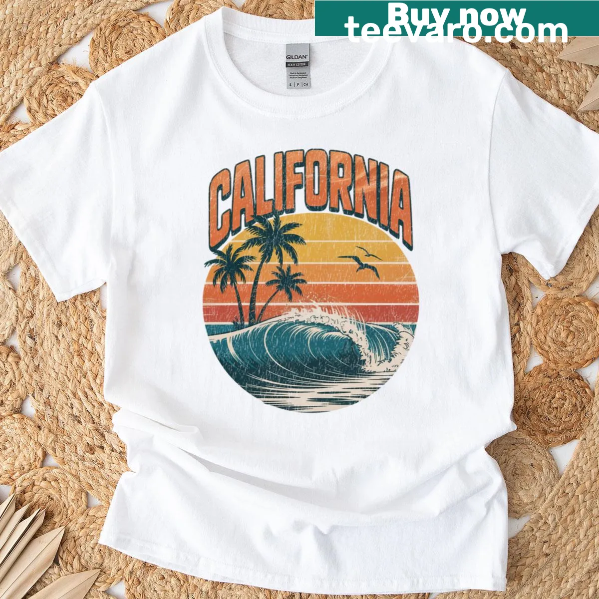 Retro circle emblem with a cresting wave representing California surf culture — on a men's t-shirt