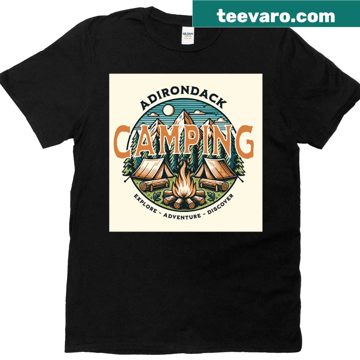 Illustrated camping scene from Adirondacks on t-shirt — on a men's t-shirt