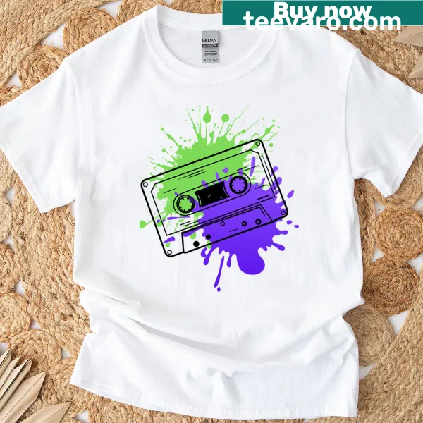 Oversized T-shirt featuring a playful illustration of a cassette tape in vibrant designs.