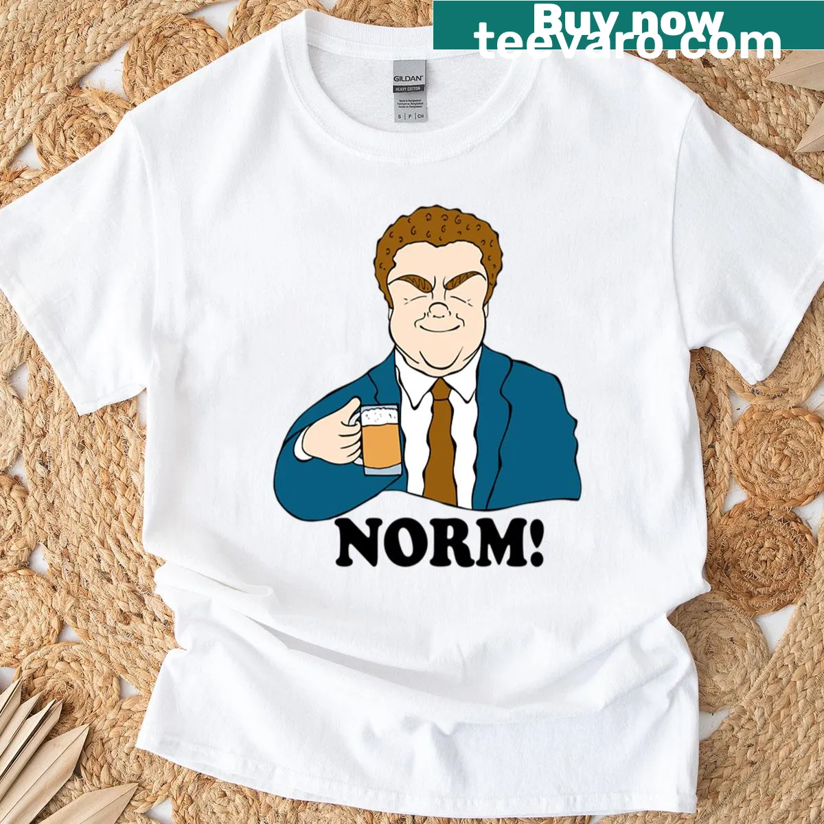 Graphic of Norm from Cheers on a humorous t-shirt — on a men's t-shirt