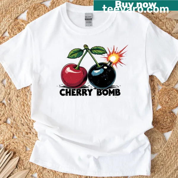 Vintage rock poster design featuring Cherry Bomb on oversized t-shirt