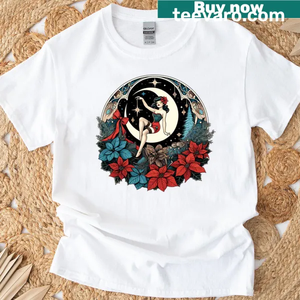 Retro T-shirt with a pinup girl on the moon design for Christmas