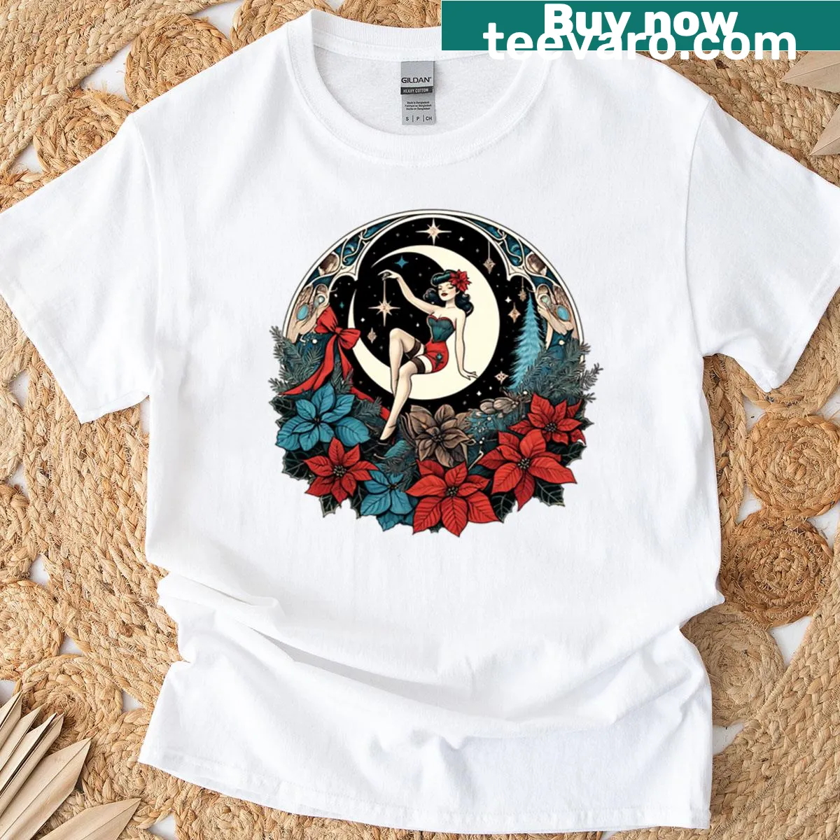 Retro T-shirt with a pinup girl on the moon design for Christmas — on a men's t-shirt