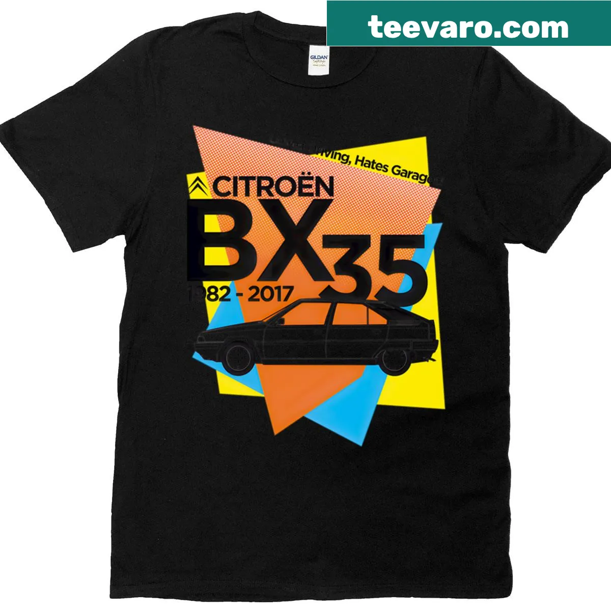 Retro t-shirt with car-related humor: 'Art Loves Driving Hates Garages' text — on a men's t-shirt
