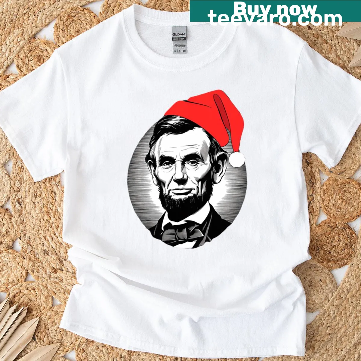 Playful Christmas T-shirt featuring Abraham Lincoln illustration — on a men's t-shirt