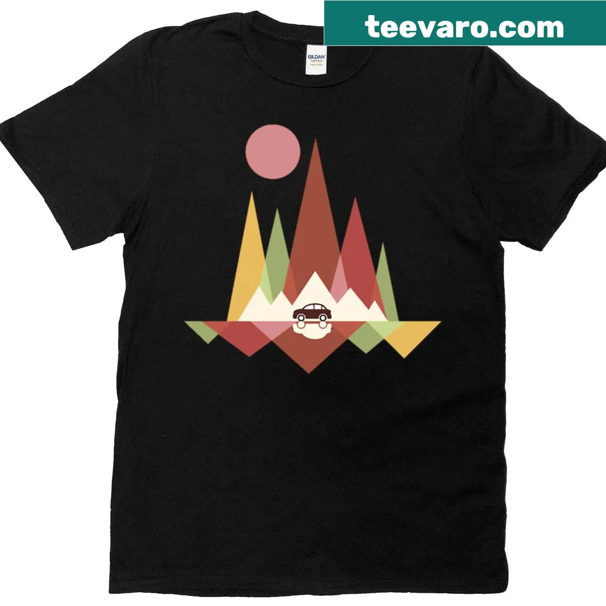Retro mountain roadtrip design on a minimalist T-shirt — on a men's t-shirt