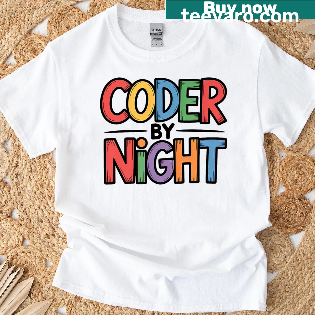 Funny 'Coder By Night' design with code snippets on a T-shirt — on a men's t-shirt