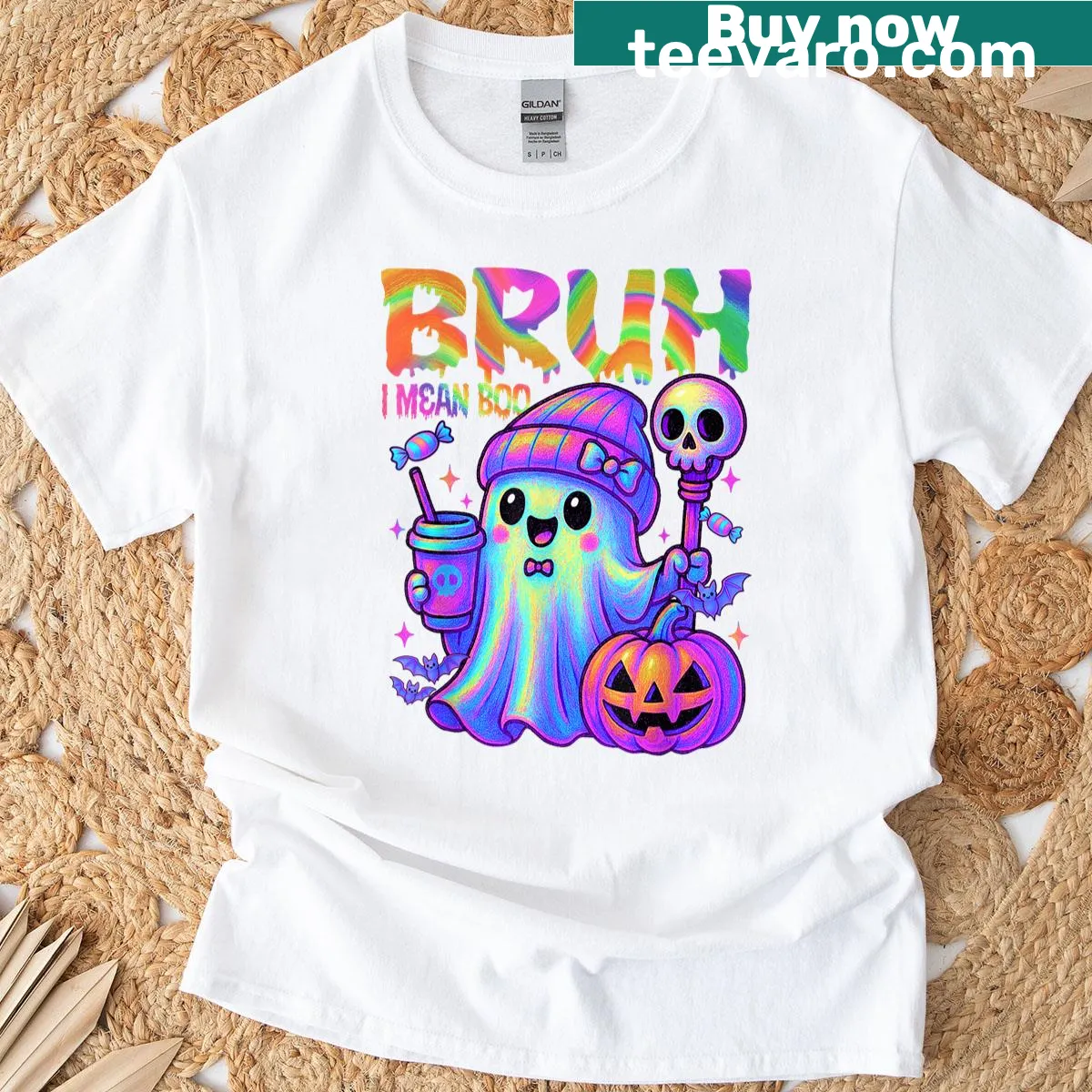 Cartoon T-shirt featuring a ghost holding coffee with the phrase 'Bruh, I Mean Boo' for Halloween. — on a men's t-shirt