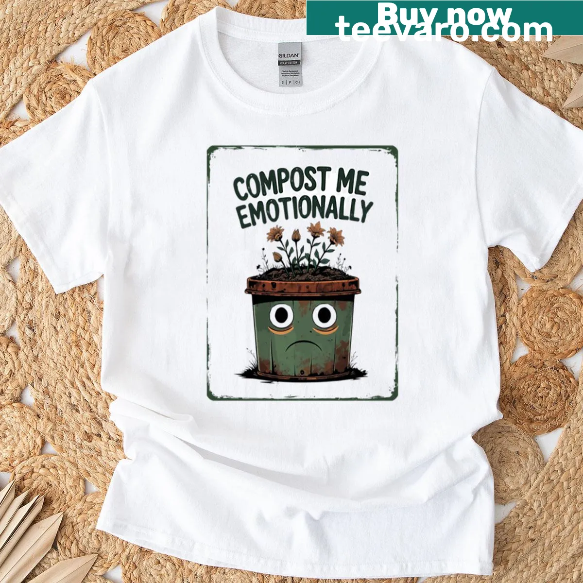 Clever phrase on an oversized T-shirt promoting dark humor and eco-awareness. — on a men's t-shirt