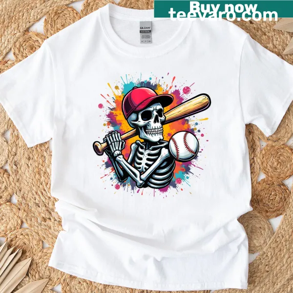 Fun graphic sports T-shirt featuring a skeleton baseball player