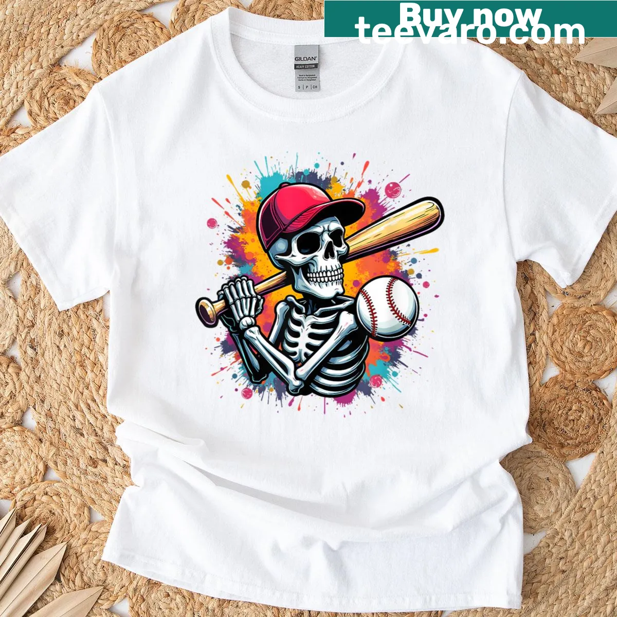 Fun graphic sports T-shirt featuring a skeleton baseball player — on a men's t-shirt