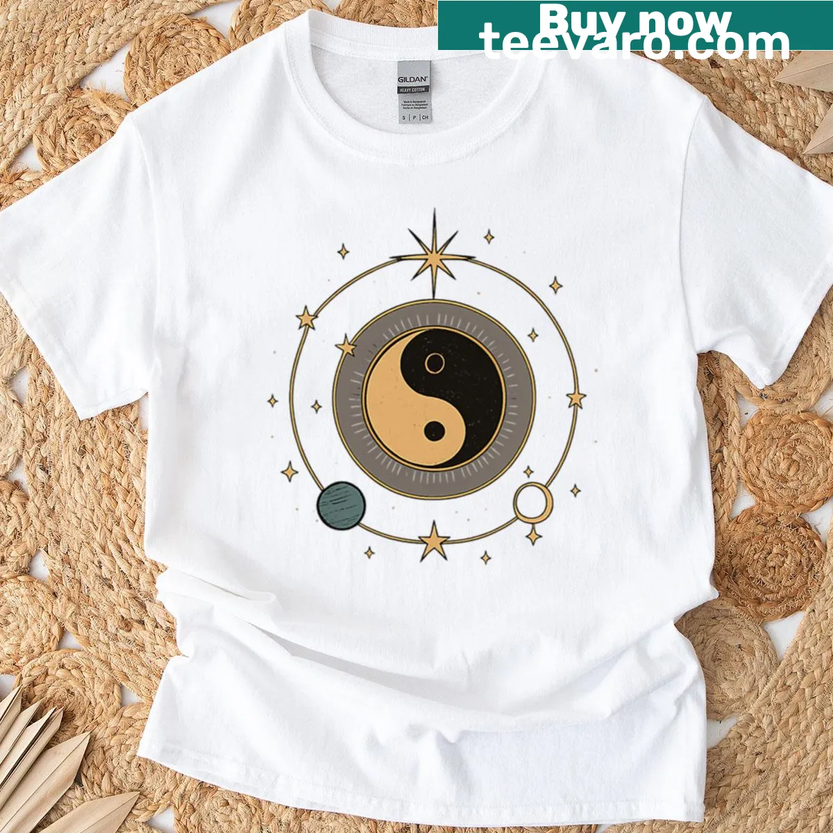 Astrological yin-yang design illustrating cosmic balance — on a men's t-shirt