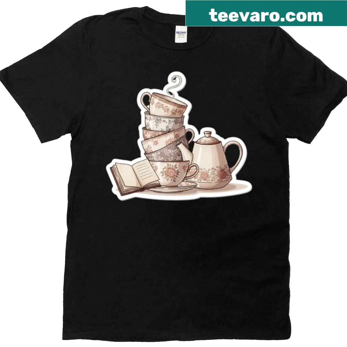 Playful T-shirt with illustration of stacked teacups and teapot design. — on a men's t-shirt