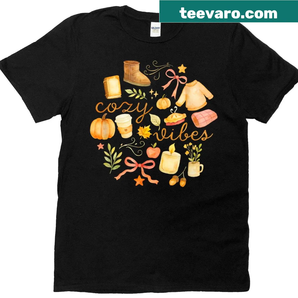 T-shirt with a watercolor design of pumpkins and cozy autumn vibes — on a men's t-shirt