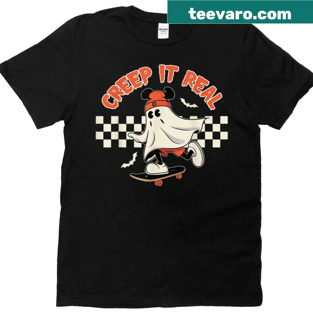 Spooky cartoon ghost mouse graphic on a t-shirt — on a men's t-shirt
