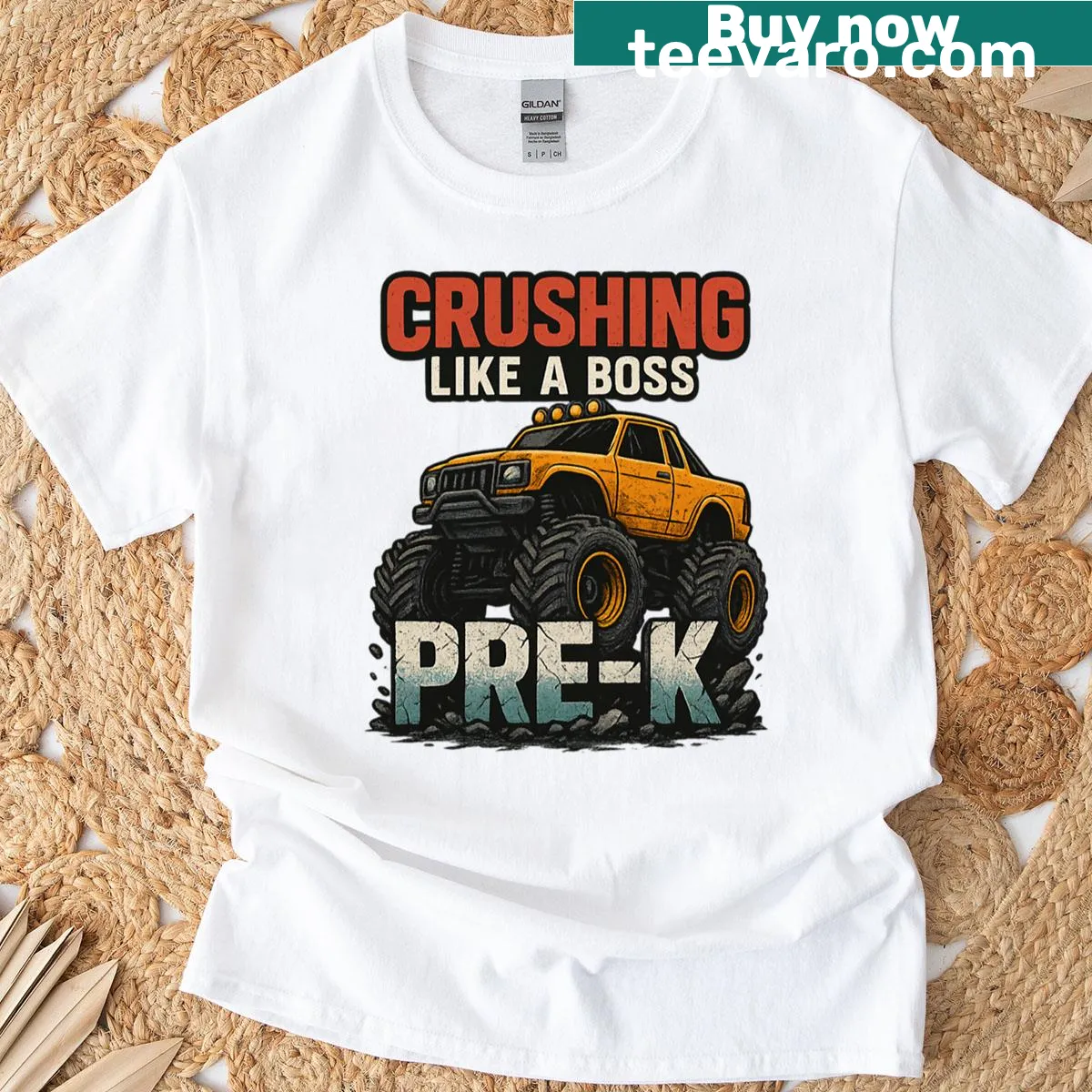 Monster truck graphic with text 'Crushing Pre-k Like A Boss' on a t-shirt — on a men's t-shirt