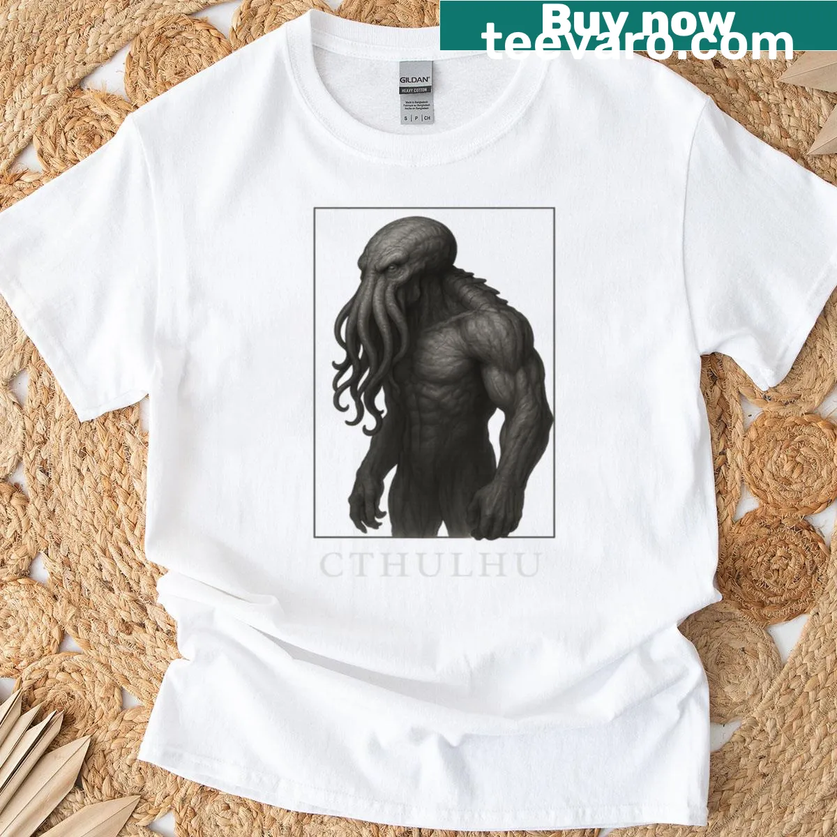 Cthulhu horror illustration on oversized t-shirt — on a men's t-shirt