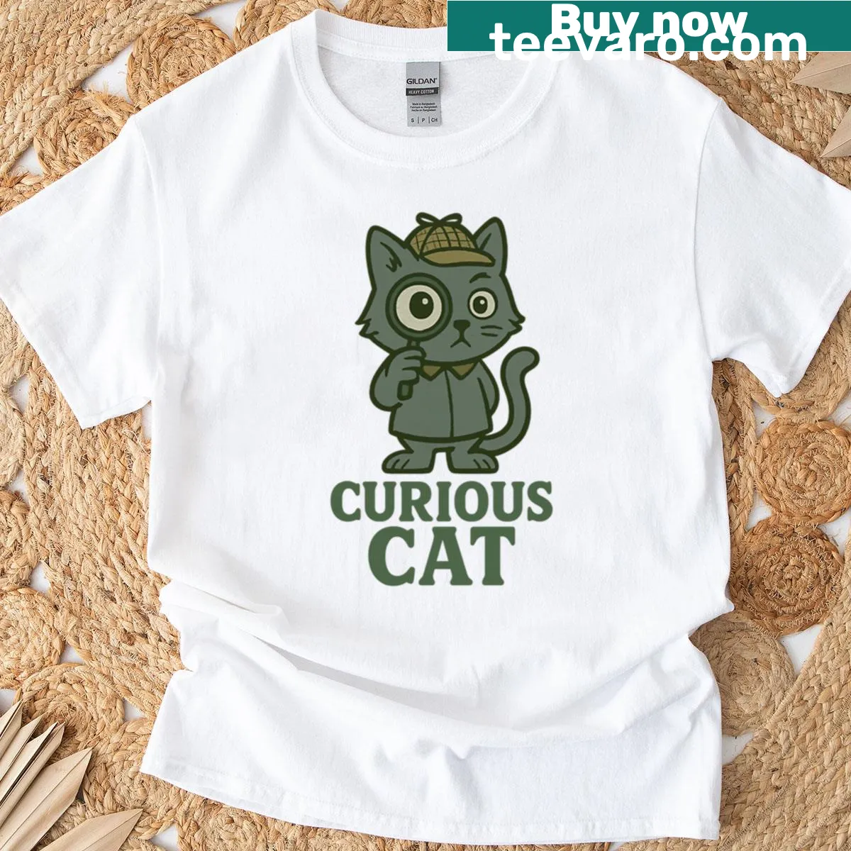 Oversized T-shirt featuring a curious cat illustration for cat lovers. — on a men's t-shirt