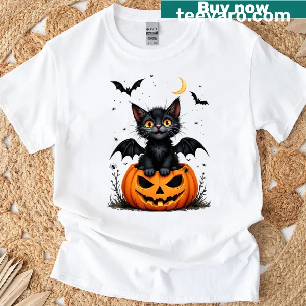 Halloween T-shirt with a cute black cat and bat wings design.