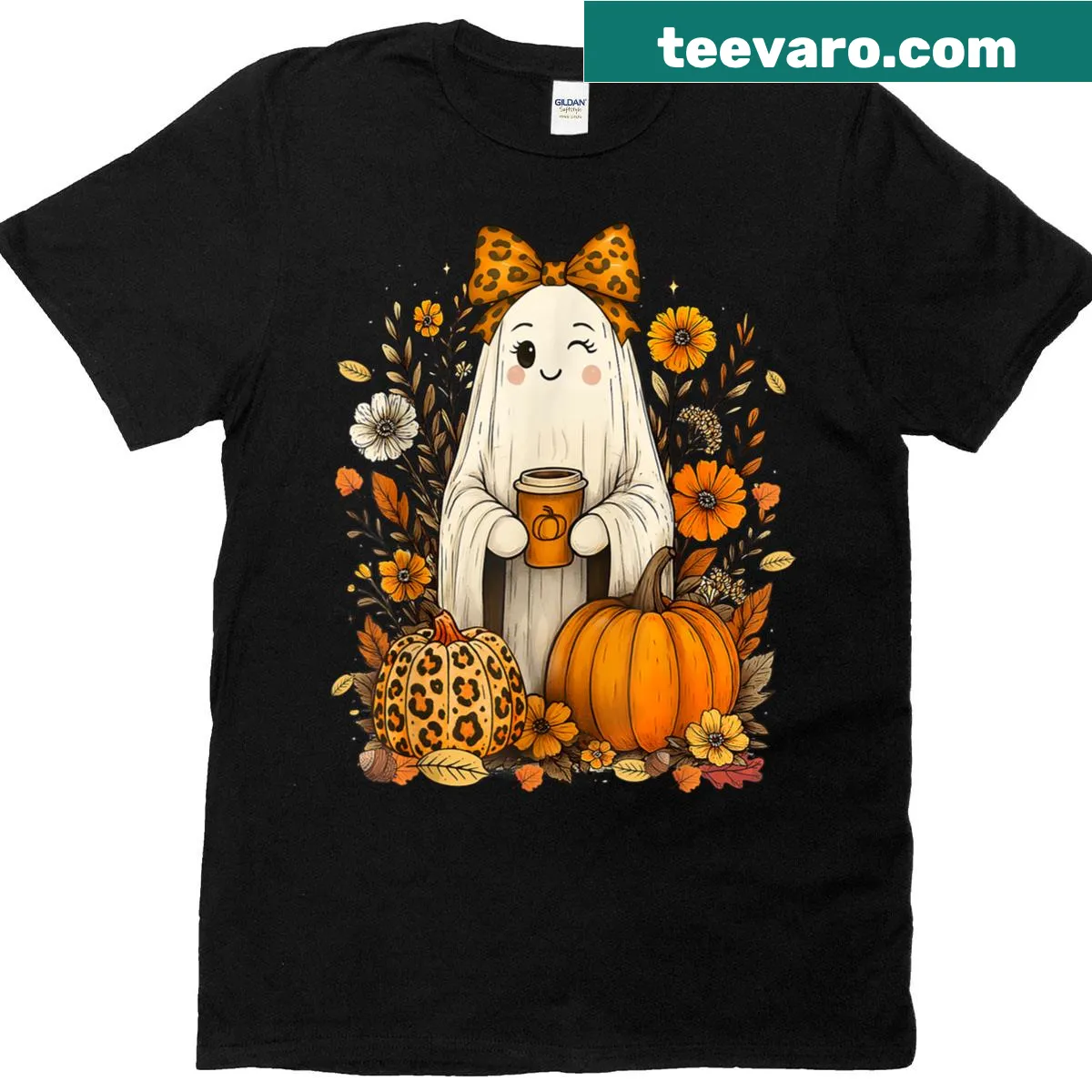 Autumn-themed tee with leopard and pumpkin spice design — on a men's t-shirt