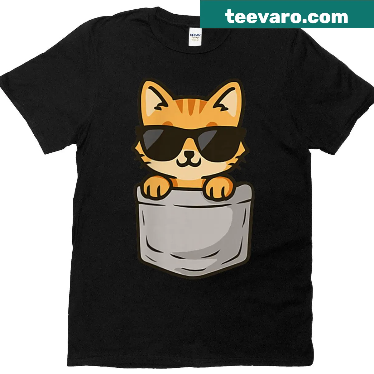 T-shirt with a cute illustration of a cat in a pocket — on a men's t-shirt