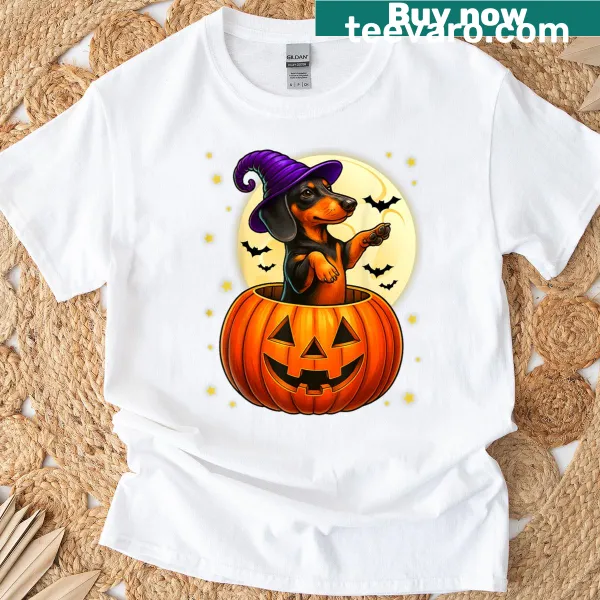 Cute dachshund in Jack O' Lantern costume shirt