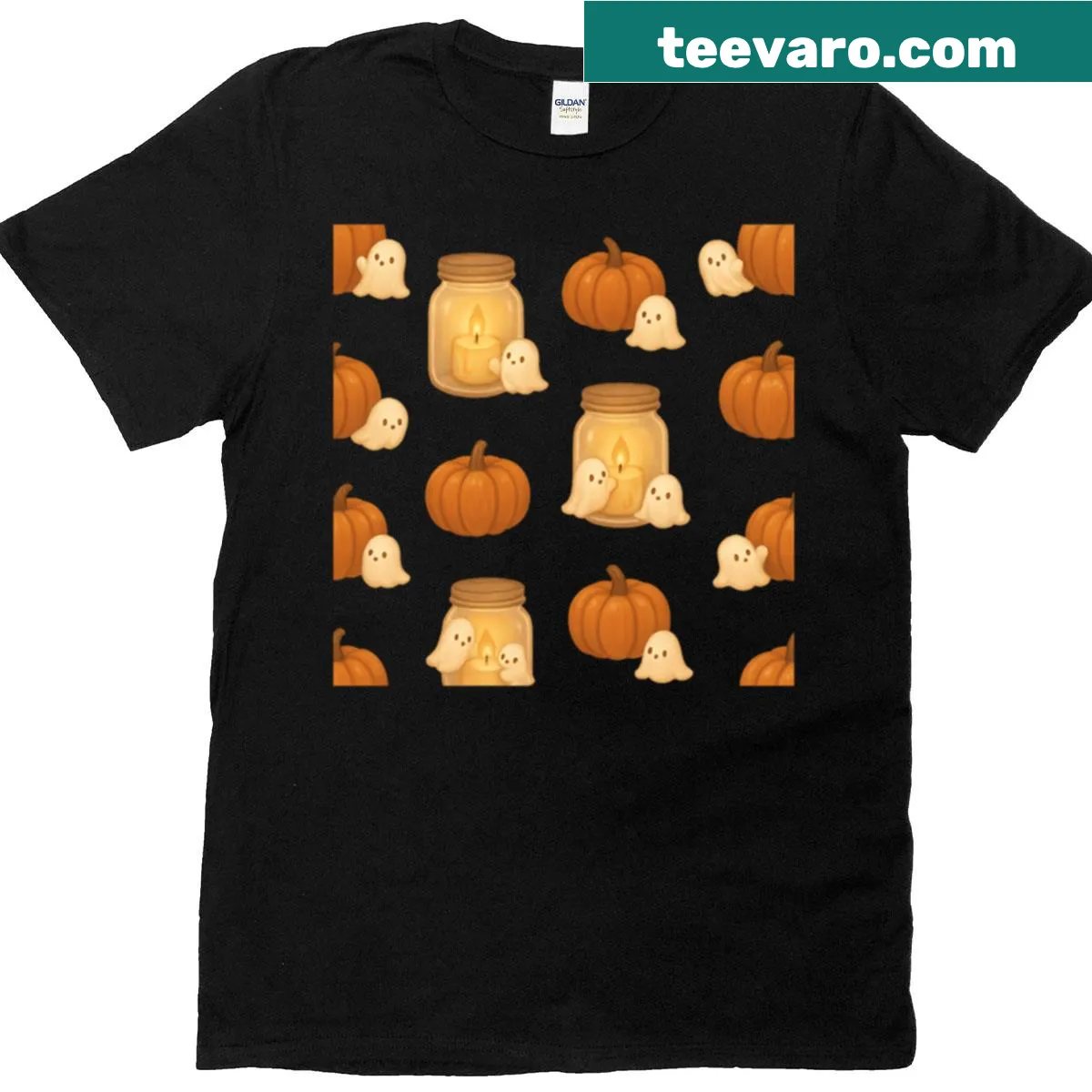Cartoon ghosts with pumpkins and candles in a playful design — on a men's t-shirt