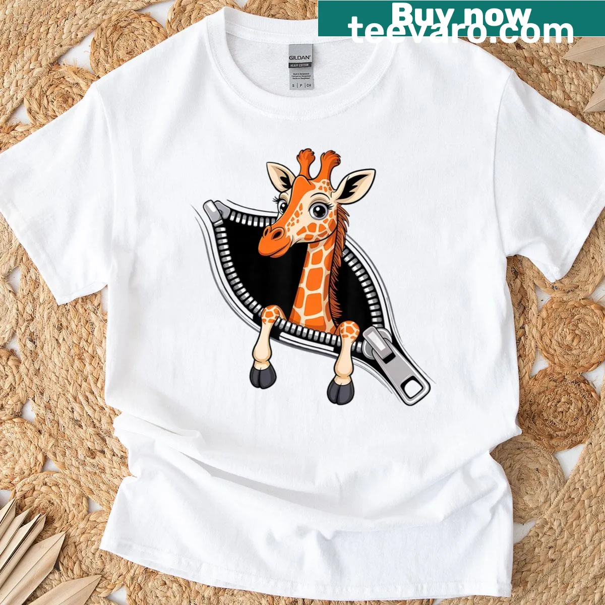 Funny giraffe design emerging from a zipper graphic — on a men's t-shirt