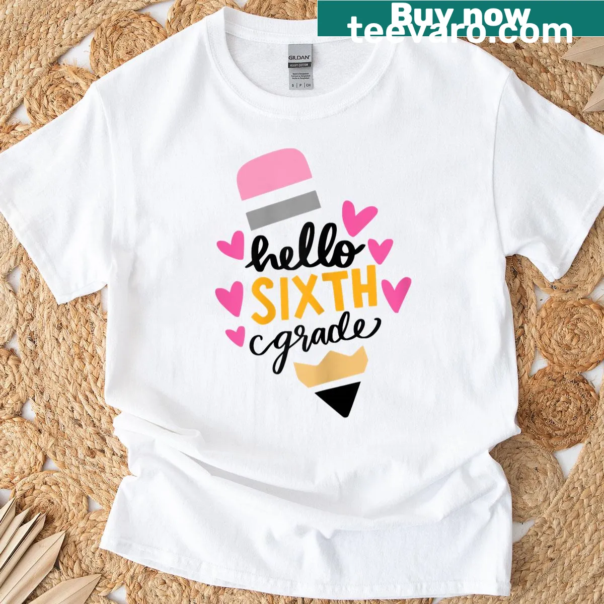 Cute sixth grade back-to-school T-shirt with pencil and hearts — on a men's t-shirt