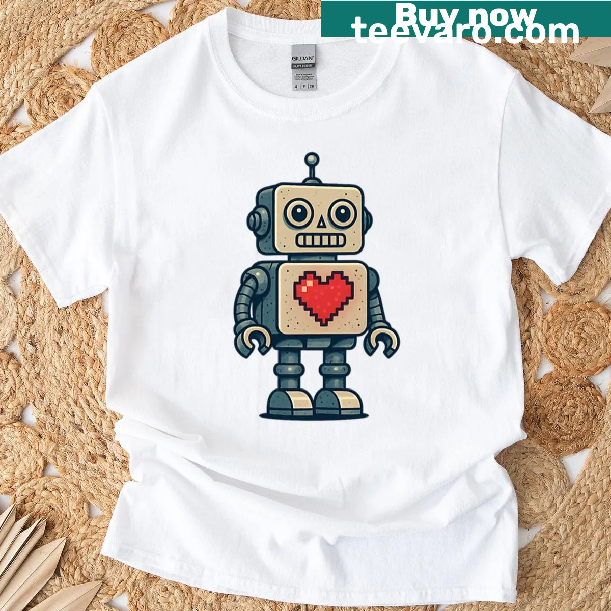 Cute retro gaming robot with pixel heart on oversized t-shirt — on a men's t-shirt