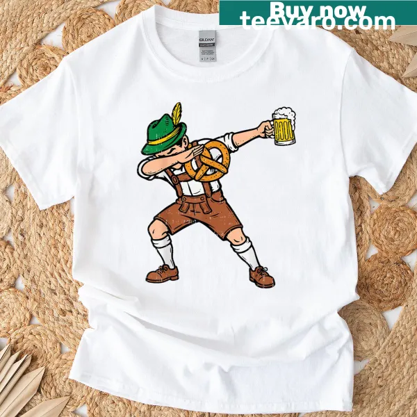 Vintage-style T-shirt featuring a dabbing figure in lederhosen with beer mugs.