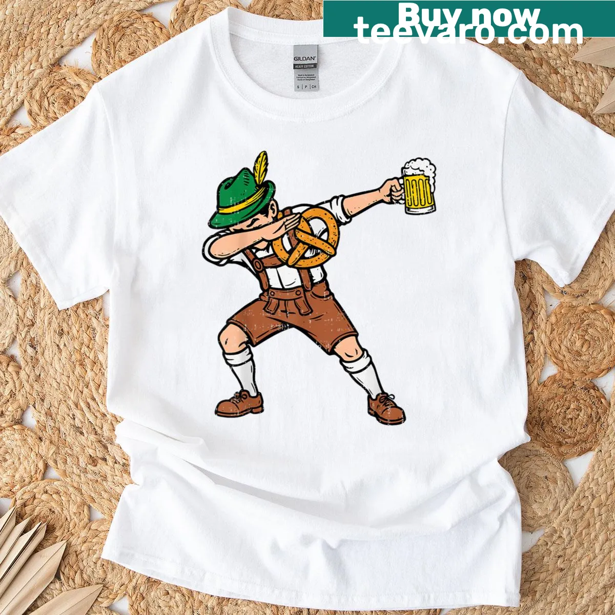 Vintage-style T-shirt featuring a dabbing figure in lederhosen with beer mugs. — on a men's t-shirt