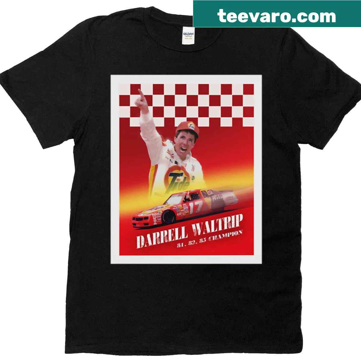 Vintage poster-style T-shirt honoring Darrell Waltrip. — on a men's t-shirt