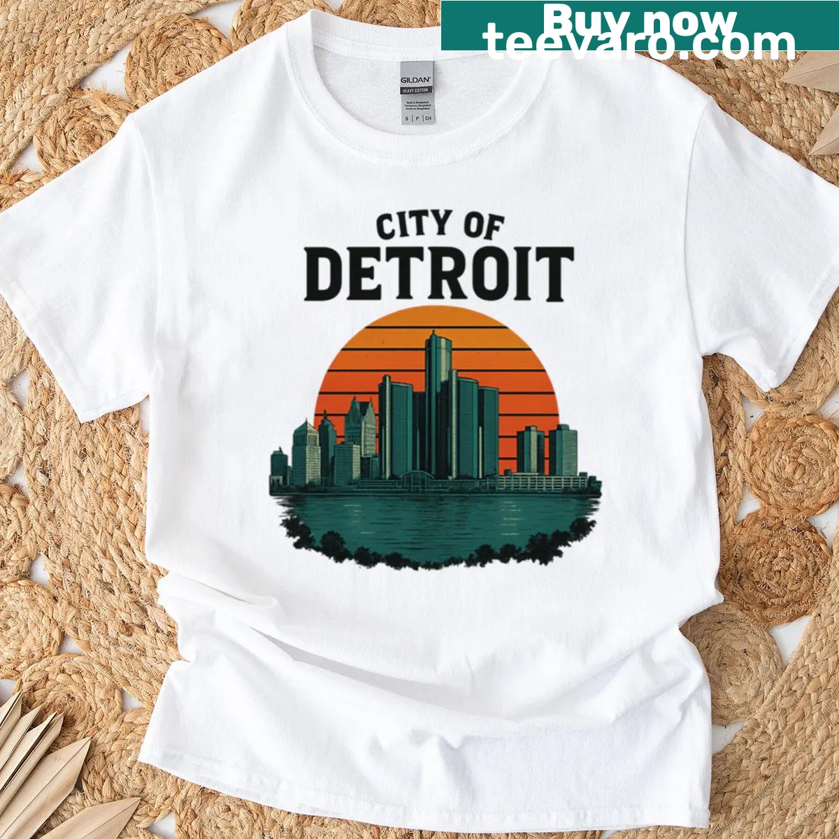 Retro Detroit skyline sunset design on t-shirt — on a men's t-shirt