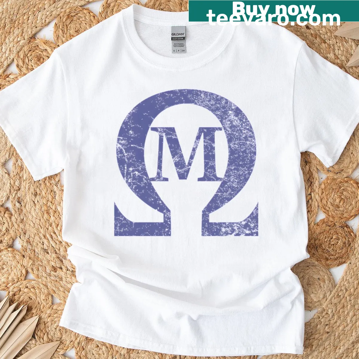 Distressed Omega Mu Greek letters t-shirt — on a men's t-shirt