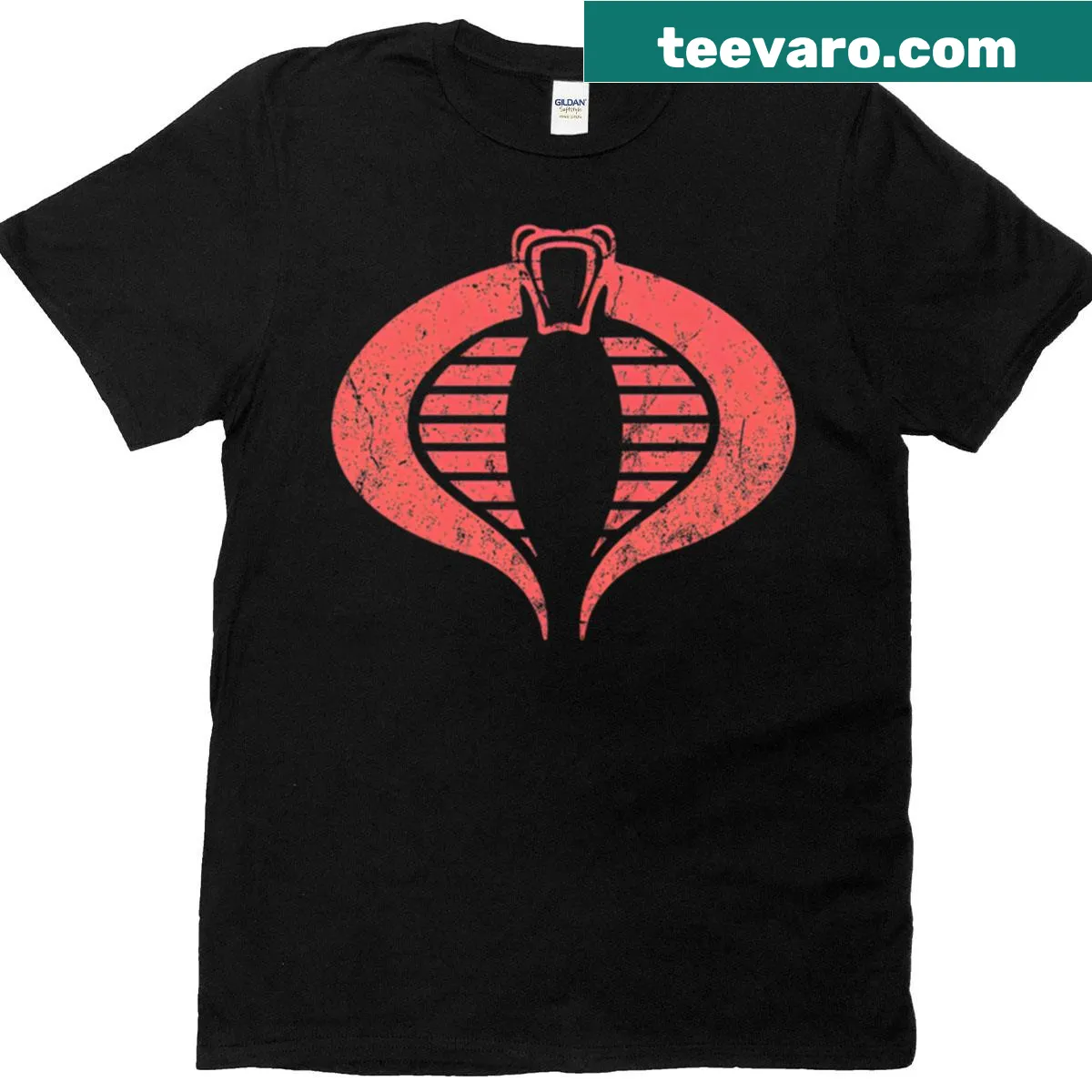 Vintage distressed shirt featuring a red hooded serpent emblem. — on a men's t-shirt