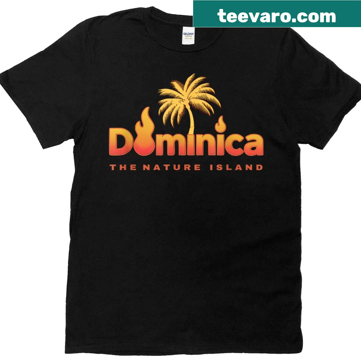 T-shirt featuring Dominica island travel illustration — on a men's t-shirt
