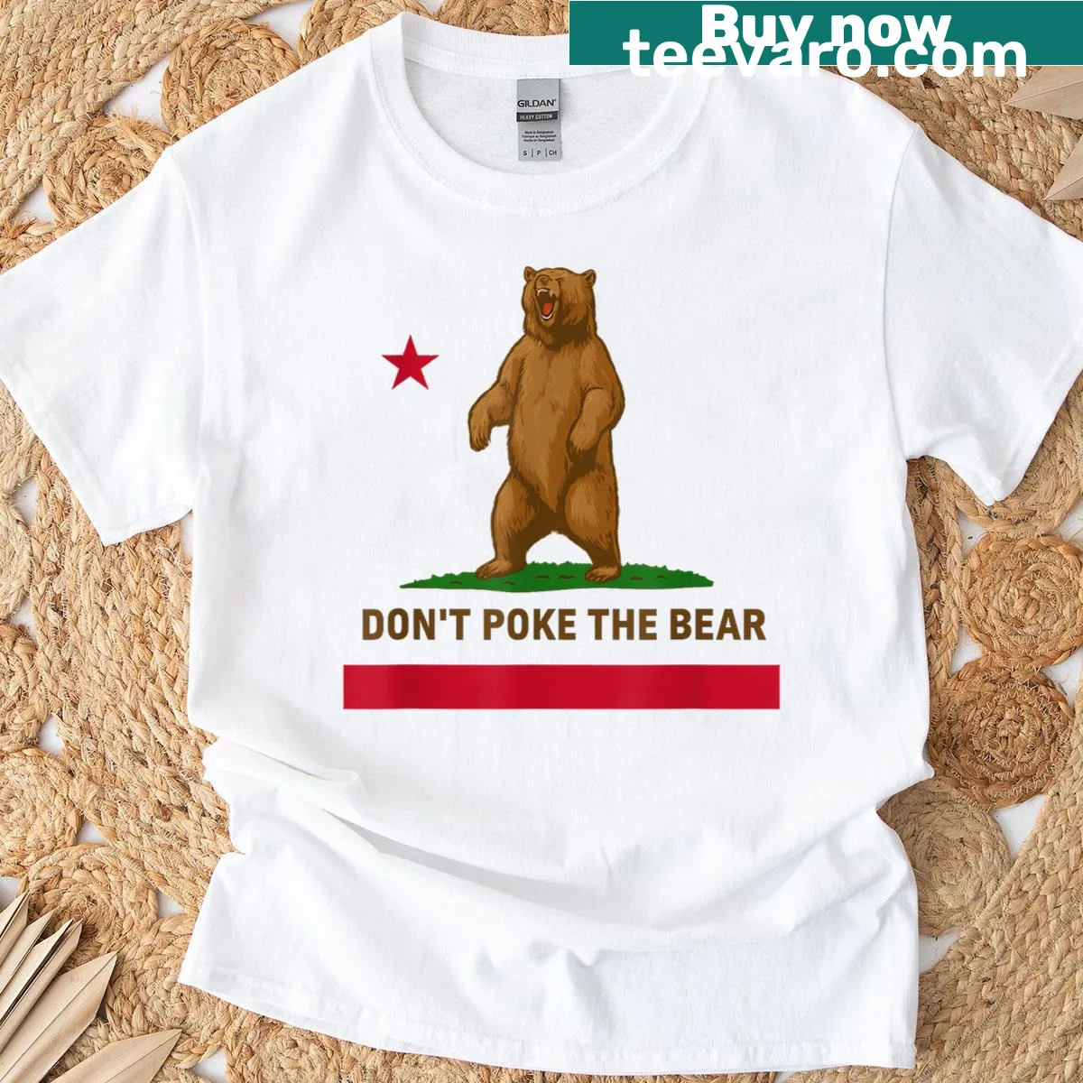 Illustrated California bear graphic with text 'Don't Poke The Bear' — on a men's t-shirt