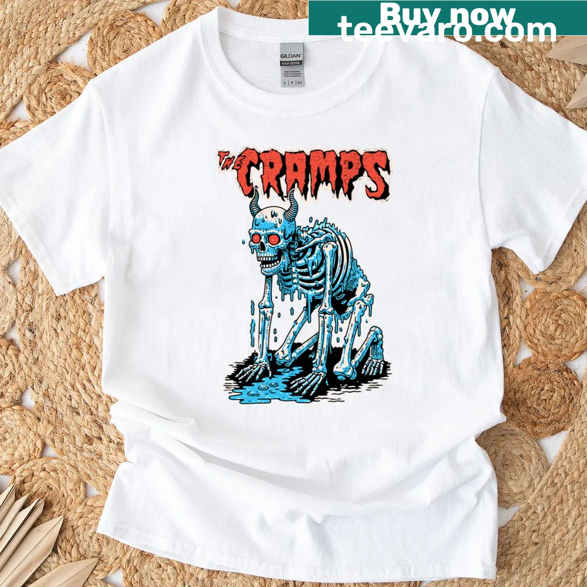Vintage-style graphic of The Cramps with rockin bones theme — on a men's t-shirt