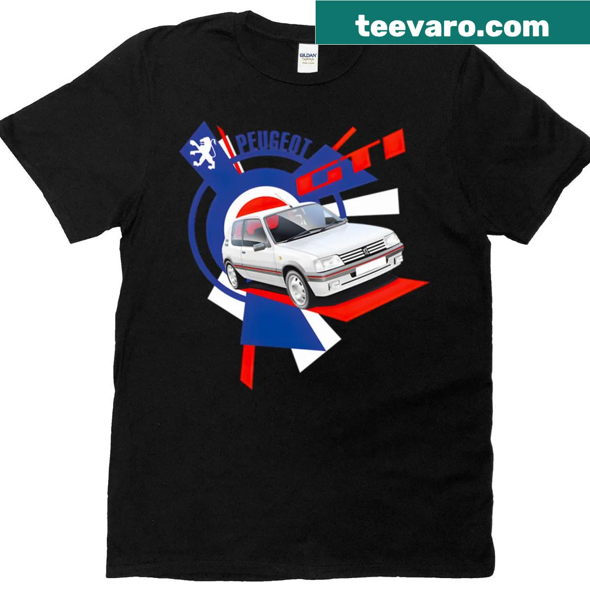Oversized T-shirt with dynamic French hot hatch car artwork — on a men's t-shirt