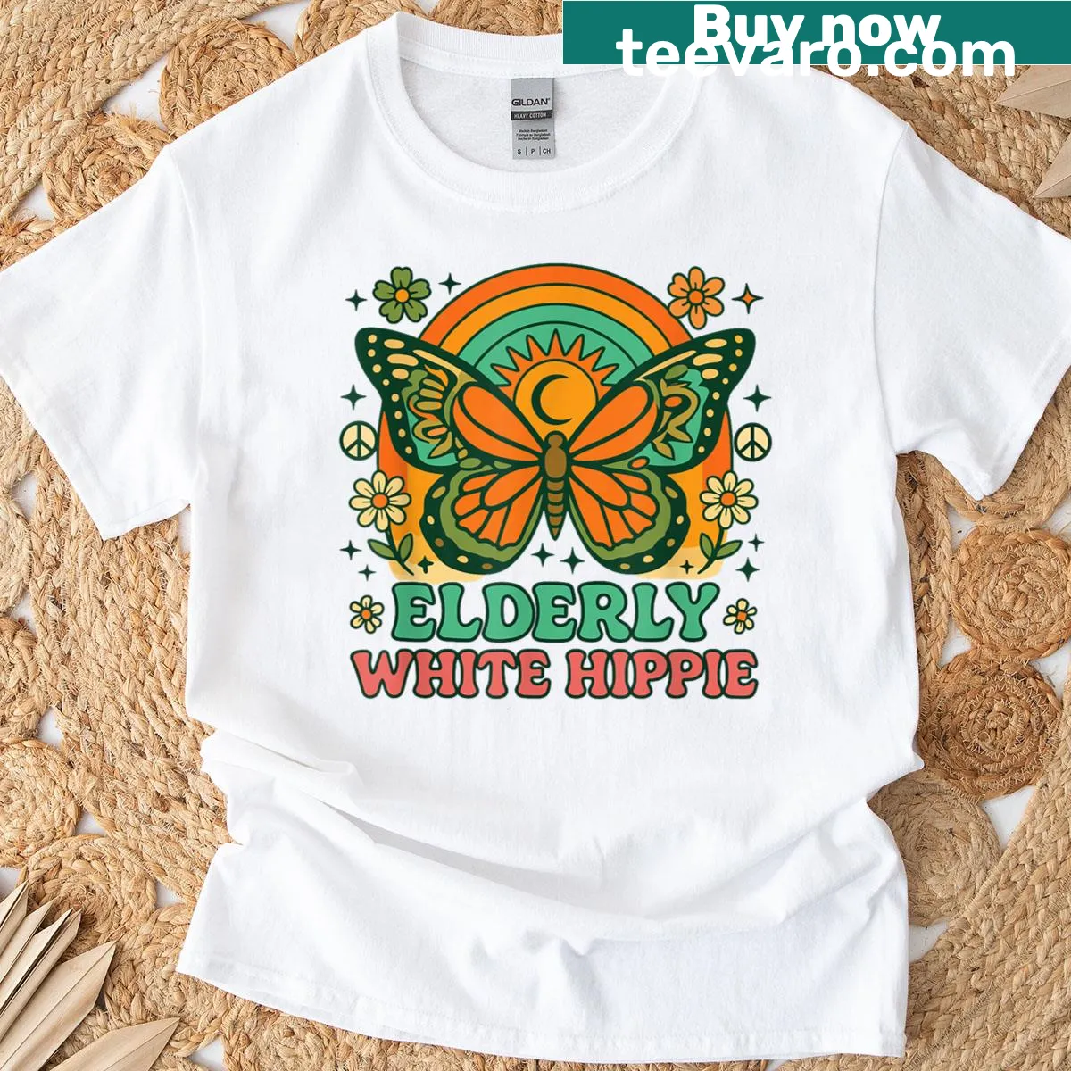 Vintage T-shirt with a boho butterfly and floral design for nature lovers. — on a men's t-shirt