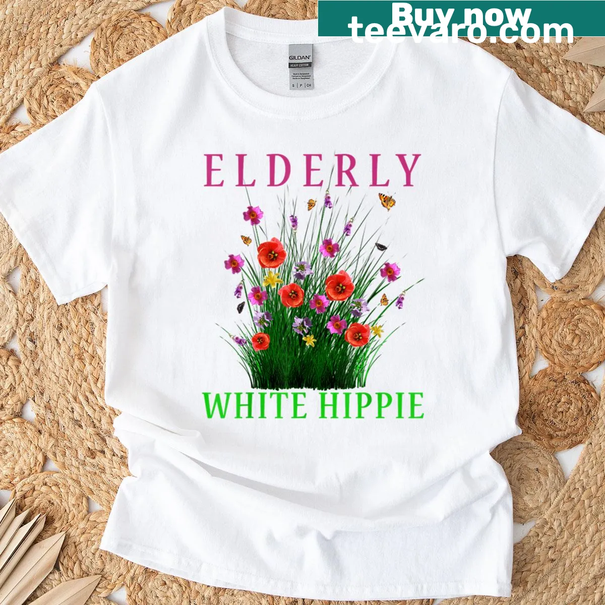 Floral design T-shirt for nature lovers featuring elderly hippie themes — on a men's t-shirt